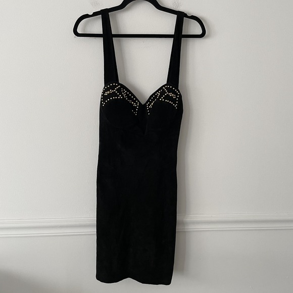 NWT VTG 90's Firenze Santa Barbara Black Suede Leather Studded Mini Dress Size S